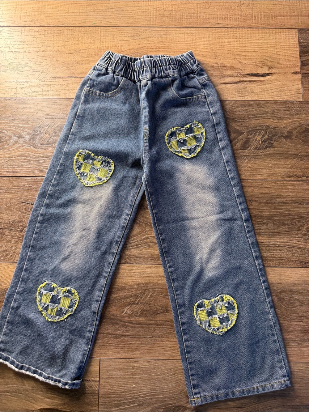 Girls Blue Denim Jeans with Yellow Heart Patch Accents